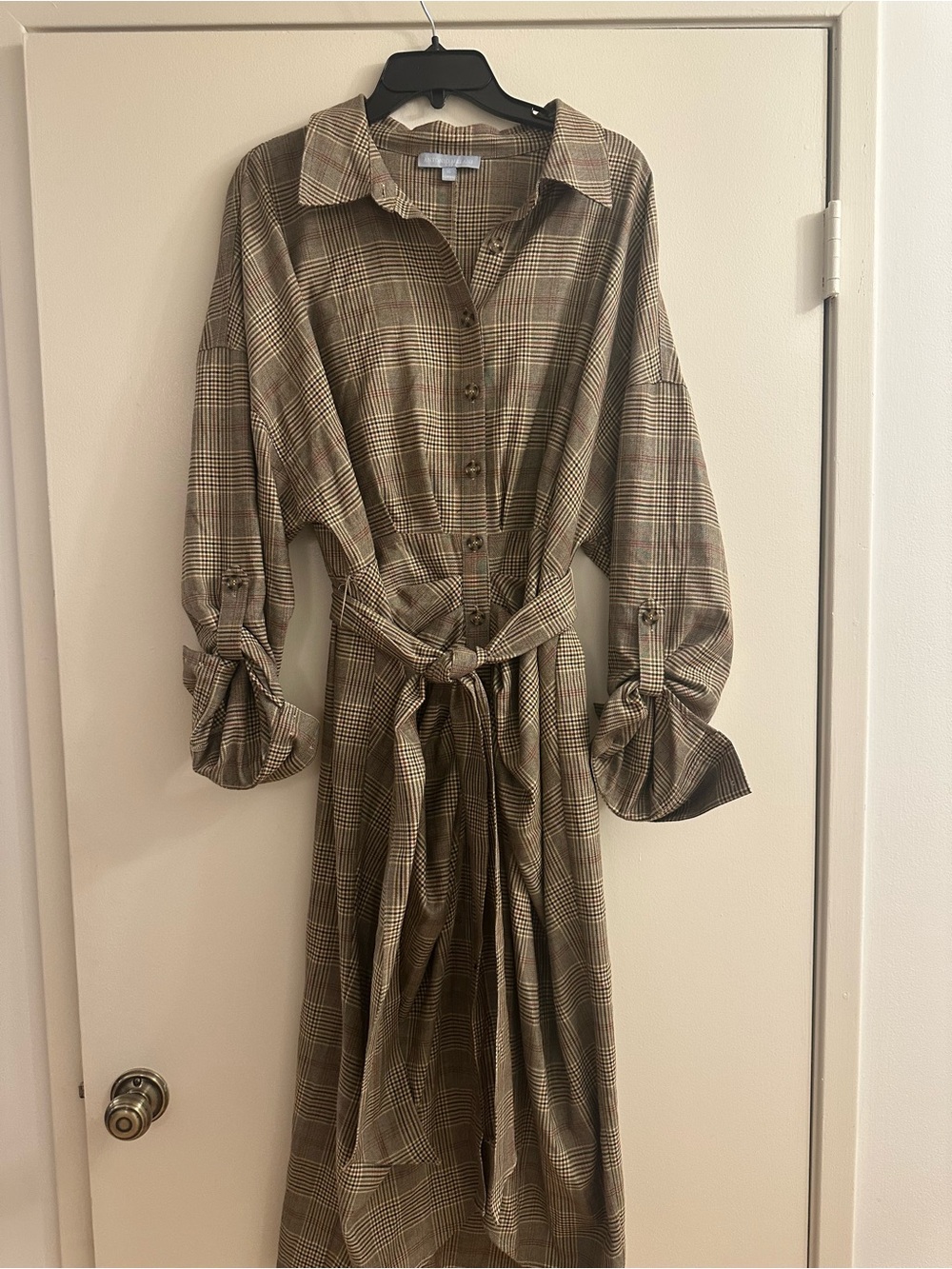ANTONIO MELANI Brown Plaid Long Sleeve Shirt Dress with Tie Belt
